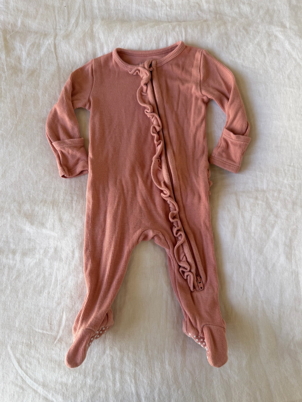 Angel Dear Pink Ribbed Modal Ruffle Zipper Footie Pajamas 0-3 Months